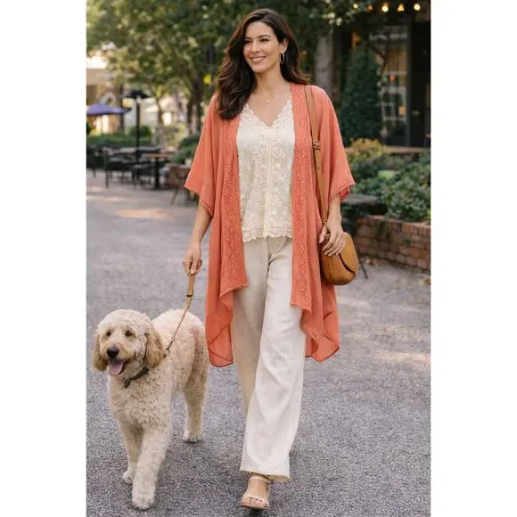 Coco+Carmen Kiara Lightweight Open Front Kimono Wrap Crochet Lace Trim One Size - Picture 1 of 8